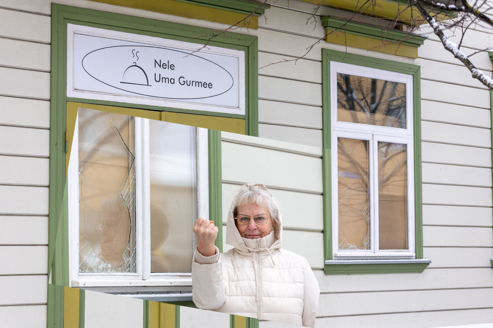 Nele Uma Gurmee omanik Nele Pavlova esmaspäeva ennelõunal lõhutud akna juures remondimehi ootamas. Ühtlasi on ta tänulik iga vihje eest, mis viib huligaanideni, kes reede ööl vastu laupäeva hoonel akna sisse lõid. Foto: Aigar Nagel